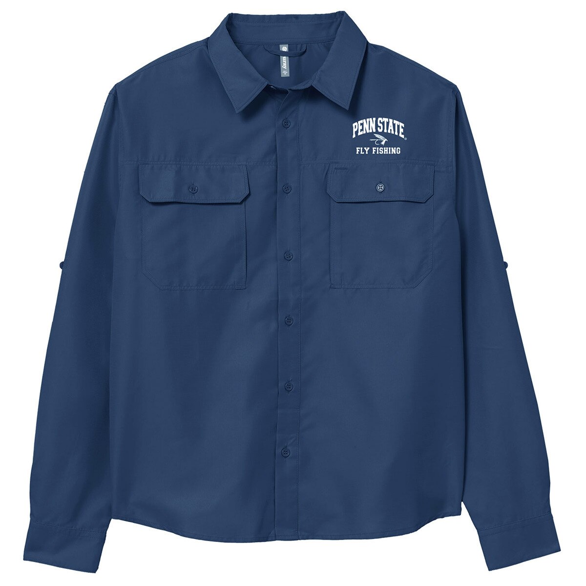 navy blue long sleeve shirt with Penn State Fly Fishing on left chest